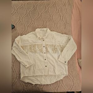 Veveret White Fringe Rhinestone‎ Denim Tassel Jacket Size S